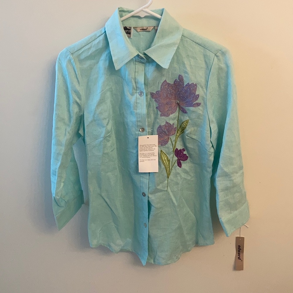 NWT Irish Linen Button Down Blouse W/Floral Design